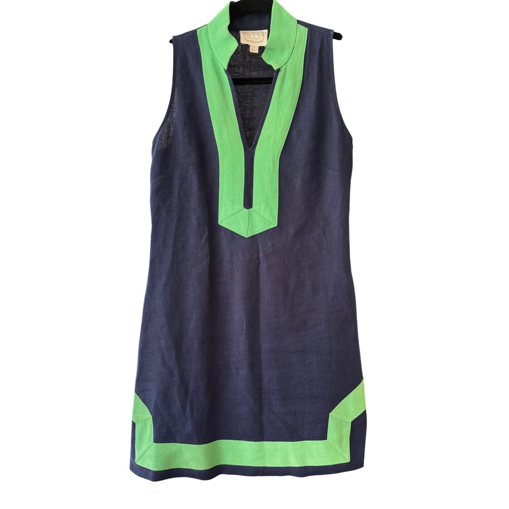 Sail to Sable Navy Blue Linen Shift Dress Lime Green Trim Sleeveless XS